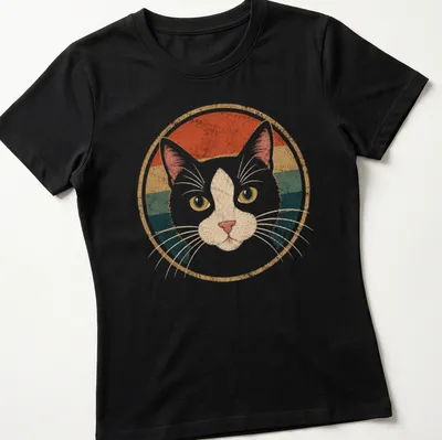 Retro vintage print of a tuxedo cat surrounded by colorful accents — printed on a women's shirt