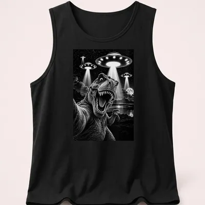 Funny T-shirt with Tyrannosaurus Rex taking a selfie with UFOs in black and white — printed on a tank top