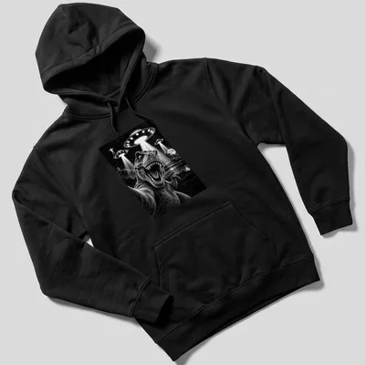 Funny T-shirt with Tyrannosaurus Rex taking a selfie with UFOs in black and white — printed on a unisex hoodie