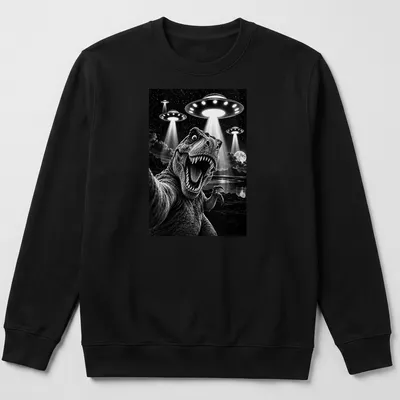 Funny T-shirt with Tyrannosaurus Rex taking a selfie with UFOs in black and white — printed on a unisex sweatshirt