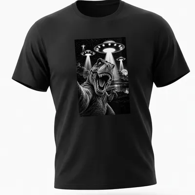 Funny T-shirt with Tyrannosaurus Rex taking a selfie with UFOs in black and white — printed on a unisex t-shirt