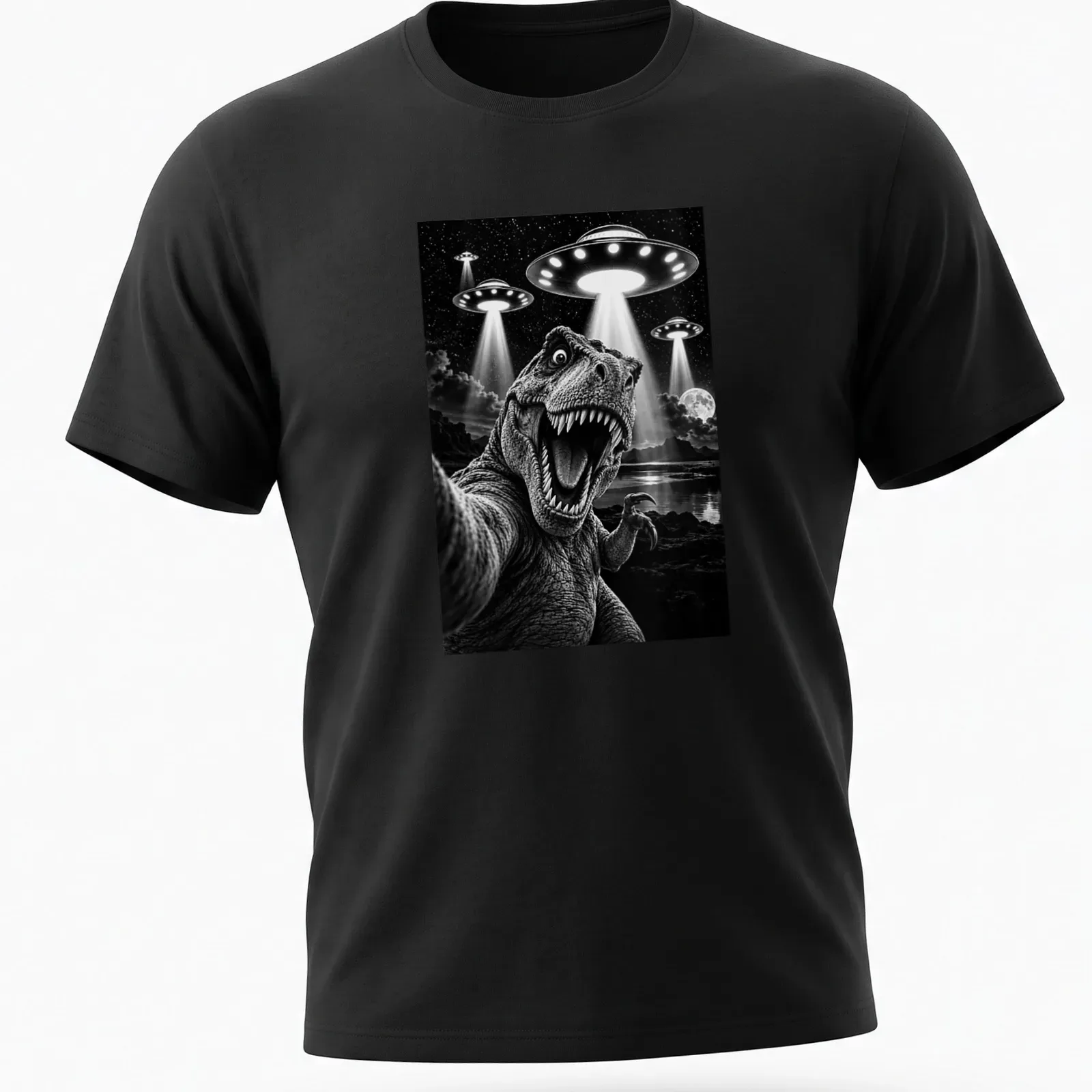Funny T-shirt with Tyrannosaurus Rex taking a selfie with UFOs in black and white — printed on a unisex t-shirt