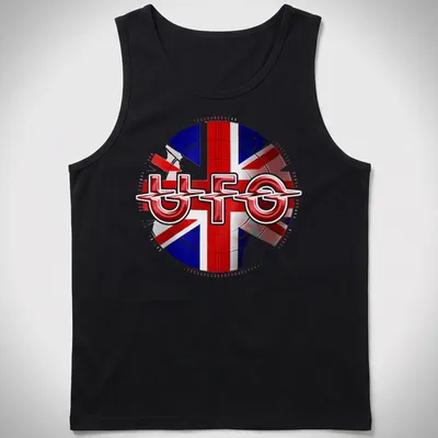 Bold graphic of UFO band logo set against a Union Jack background — printed on a tank top