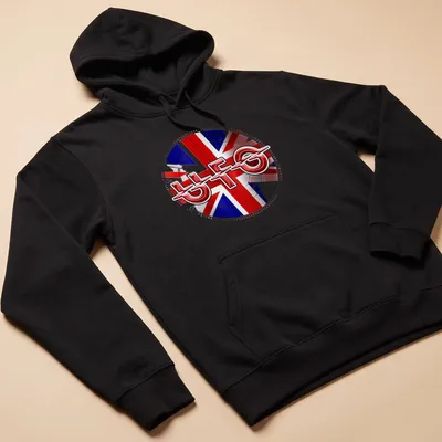 Bold graphic of UFO band logo set against a Union Jack background — printed on a unisex hoodie