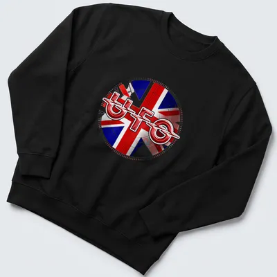 Bold graphic of UFO band logo set against a Union Jack background — printed on a unisex sweatshirt