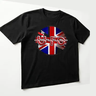 Bold graphic of UFO band logo set against a Union Jack background — printed on a unisex t-shirt (angled view)