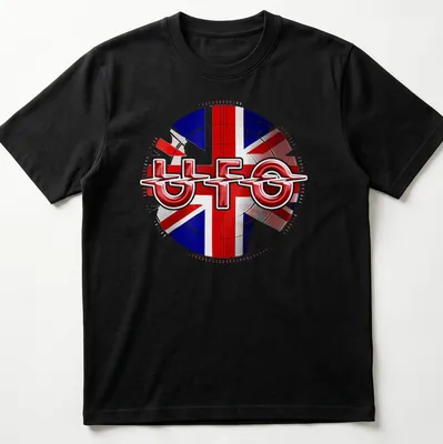 Bold graphic of UFO band logo set against a Union Jack background — printed on a unisex t-shirt