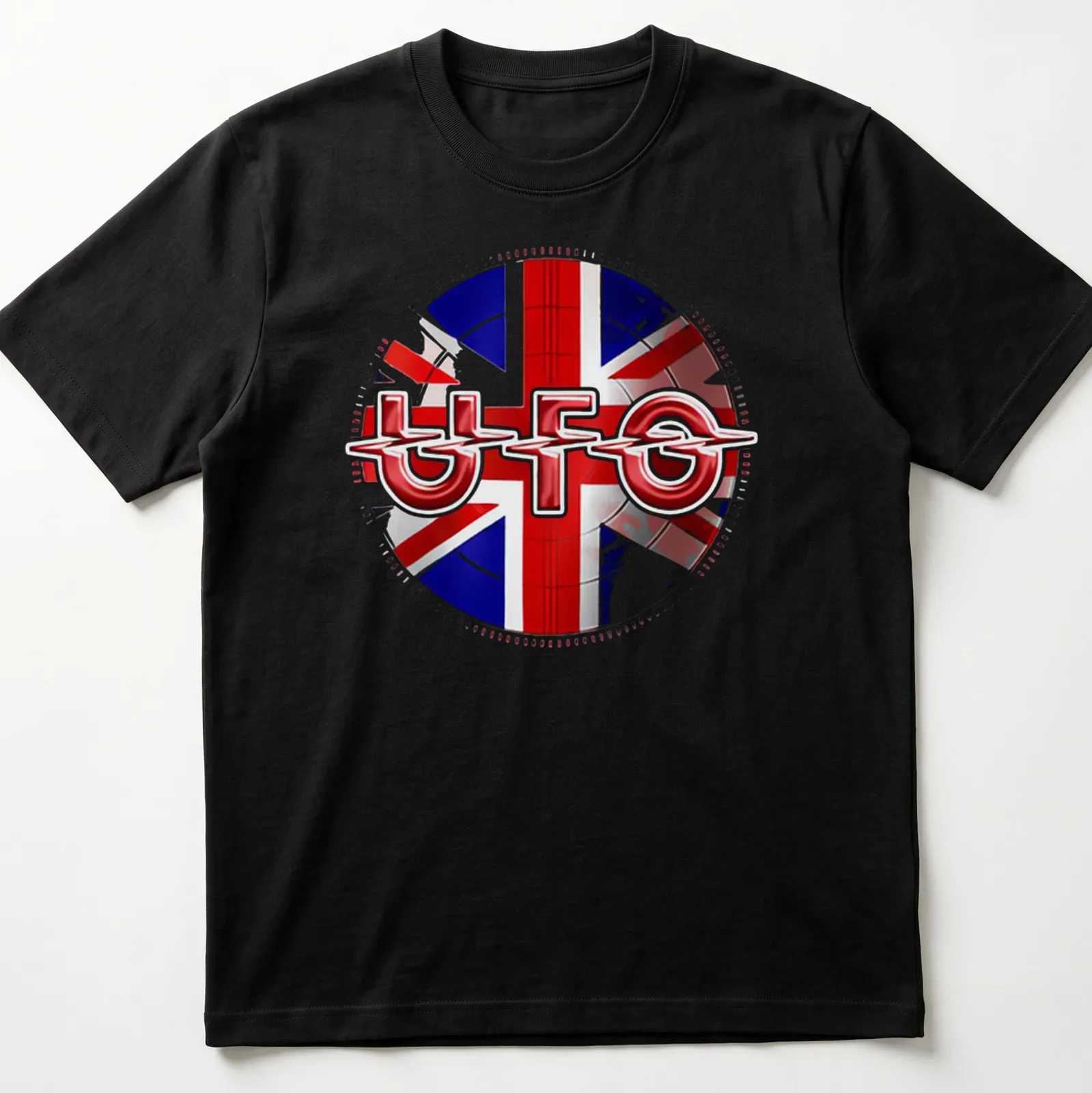 Bold graphic of UFO band logo set against a Union Jack background — printed on a unisex t-shirt