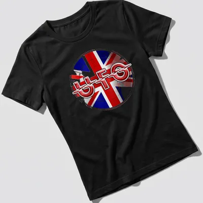 Bold graphic of UFO band logo set against a Union Jack background — printed on a women's shirt