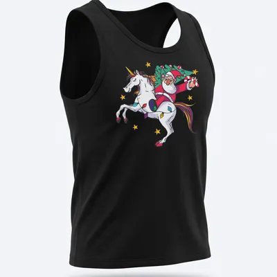 Cartoon Santa riding a unicorn with Merry Christmas text in colorful design — printed on a tank top