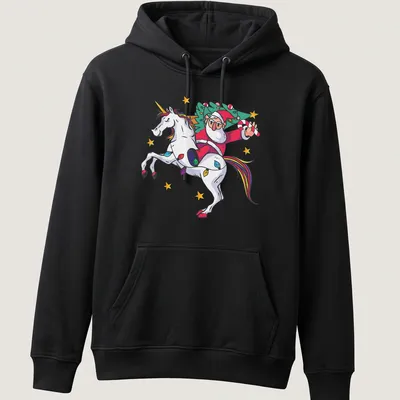 Cartoon Santa riding a unicorn with Merry Christmas text in colorful design — printed on a unisex hoodie