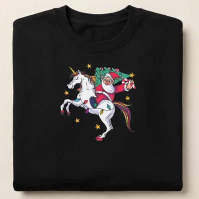 Cartoon Santa riding a unicorn with Merry Christmas text in colorful design — printed on a unisex sweatshirt