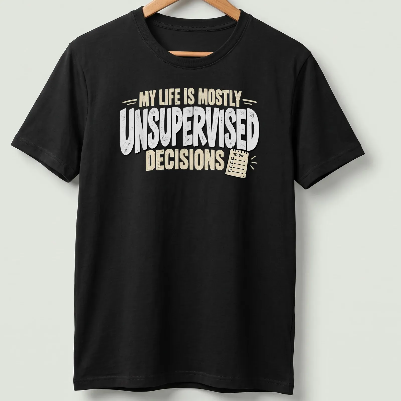 Humorous quote t-shirt with bold typography on unsupervised decisions — printed on a unisex t-shirt