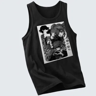 Black and white line art t-shirt featuring Urotsuki character in surprise — printed on a tank top
