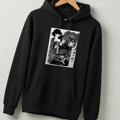 Black and white line art t-shirt featuring Urotsuki character in surprise — printed on a unisex hoodie