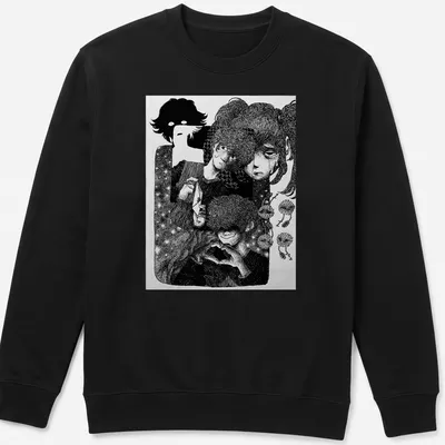 Black and white line art t-shirt featuring Urotsuki character in surprise — printed on a unisex sweatshirt