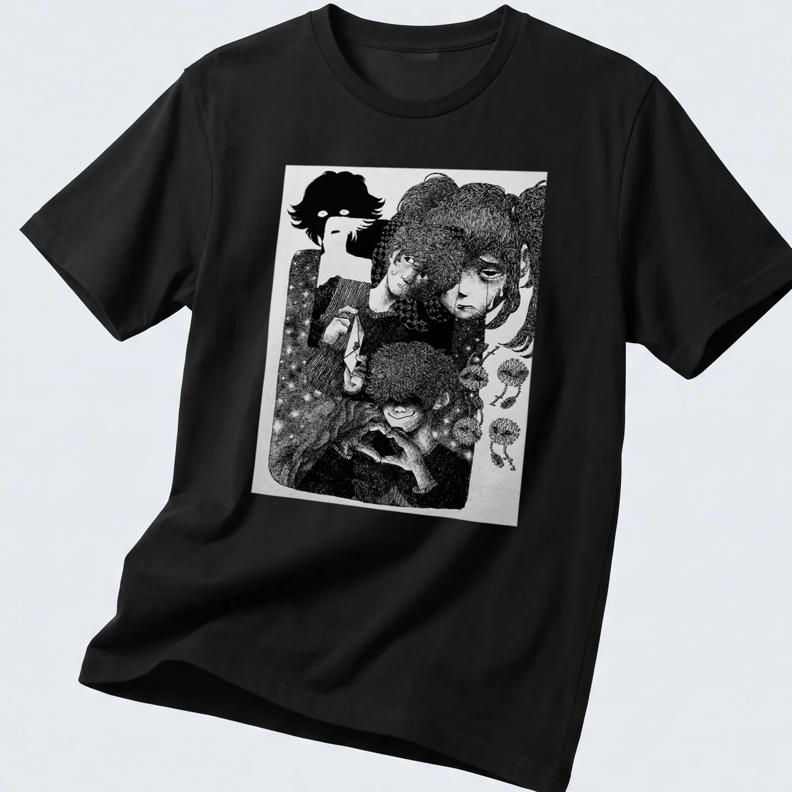 Black and white line art t-shirt featuring Urotsuki character in surprise — printed on a unisex t-shirt