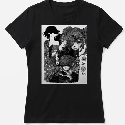 Black and white line art t-shirt featuring Urotsuki character in surprise — printed on a women's shirt