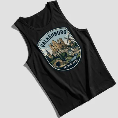 Vintage travel tee featuring Valkenburg Castle ruins in an emblem style — printed on a tank top