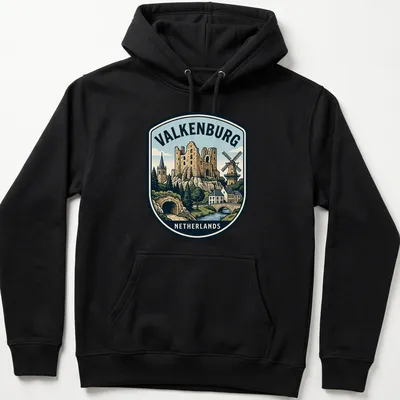 Vintage travel tee featuring Valkenburg Castle ruins in an emblem style — printed on a unisex hoodie