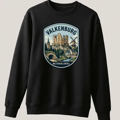Vintage travel tee featuring Valkenburg Castle ruins in an emblem style — printed on a unisex sweatshirt