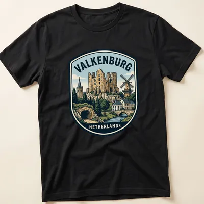 Vintage travel tee featuring Valkenburg Castle ruins in an emblem style