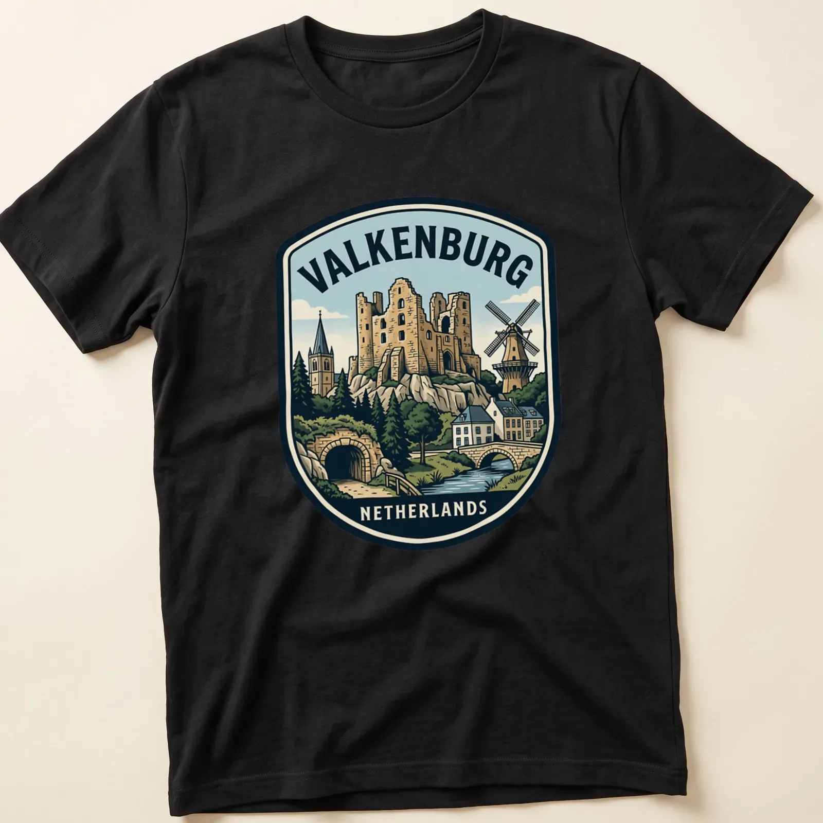 Vintage travel tee featuring Valkenburg Castle ruins in an emblem style — printed on a unisex t-shirt