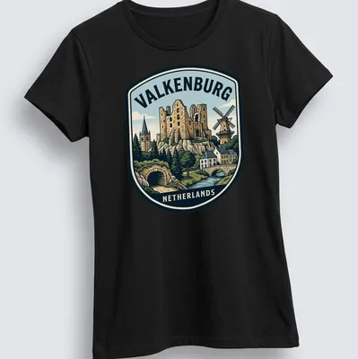 Vintage travel tee featuring Valkenburg Castle ruins in an emblem style — printed on a women's shirt