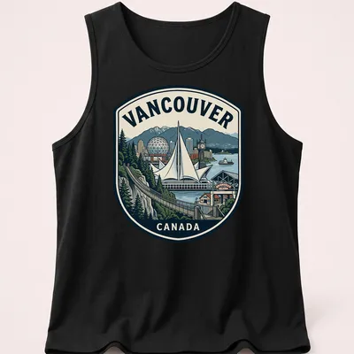 Retro emblem T-shirt showcasing Vancouver cityscape with printed text — printed on a tank top
