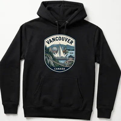 Retro emblem T-shirt showcasing Vancouver cityscape with printed text — printed on a unisex hoodie