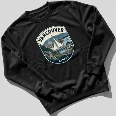 Retro emblem T-shirt showcasing Vancouver cityscape with printed text — printed on a unisex sweatshirt