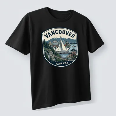 Retro emblem T-shirt showcasing Vancouver cityscape with printed text — printed on a unisex t-shirt (angled view)