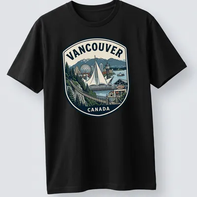 Retro emblem T-shirt showcasing Vancouver cityscape with printed text — printed on a unisex t-shirt