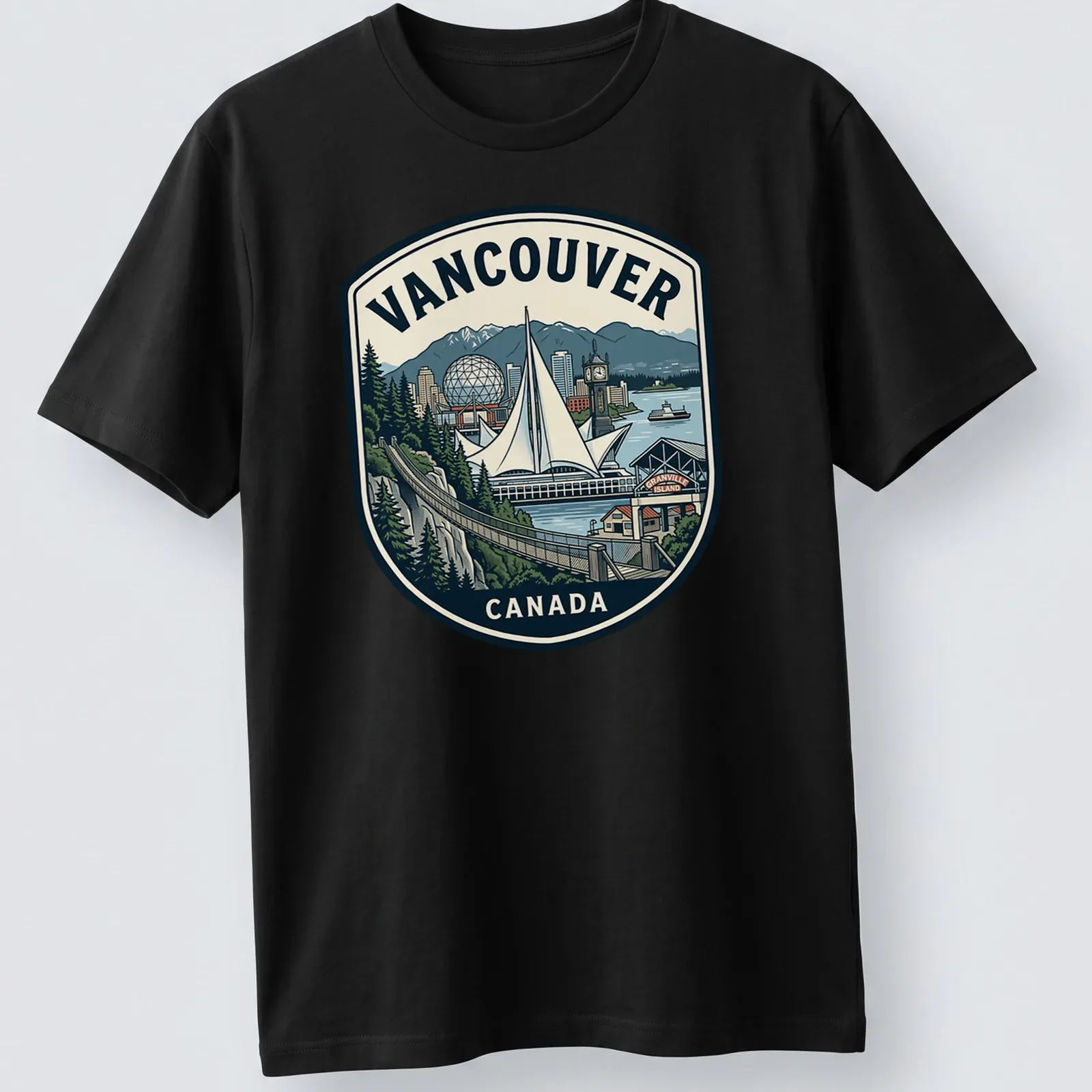 Retro emblem T-shirt showcasing Vancouver cityscape with printed text — printed on a unisex t-shirt
