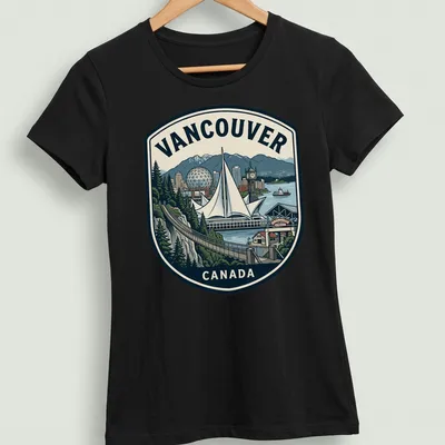 Retro emblem T-shirt showcasing Vancouver cityscape with printed text — printed on a women's shirt