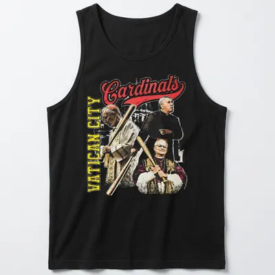 Vintage T-shirt featuring Vatican City Cardinals in red, yellow, black, and white. — printed on a tank top
