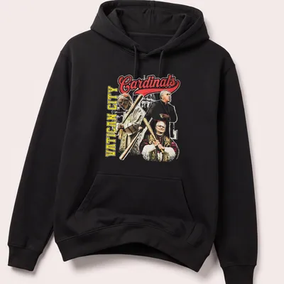 Vintage T-shirt featuring Vatican City Cardinals in red, yellow, black, and white. — printed on a unisex hoodie