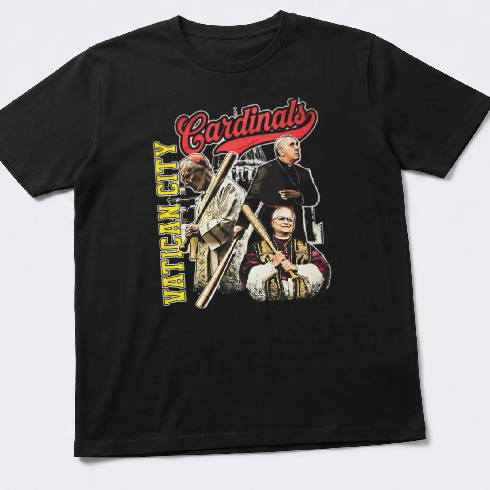 Vintage T-shirt featuring Vatican City Cardinals in red, yellow, black, and white. — printed on a unisex t-shirt