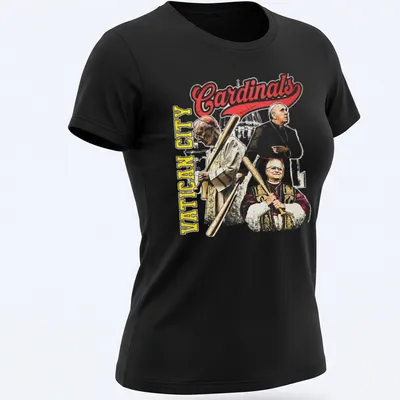 Vintage T-shirt featuring Vatican City Cardinals in red, yellow, black, and white. — printed on a women's shirt