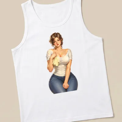 Vintage retro pin-up mechanic in blue jeans, showcasing nostalgic craftsmanship — printed on a tank top