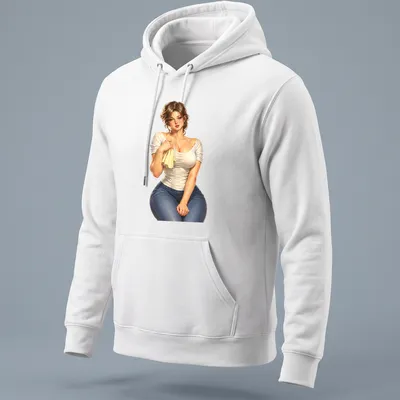Vintage retro pin-up mechanic in blue jeans, showcasing nostalgic craftsmanship — printed on a unisex hoodie