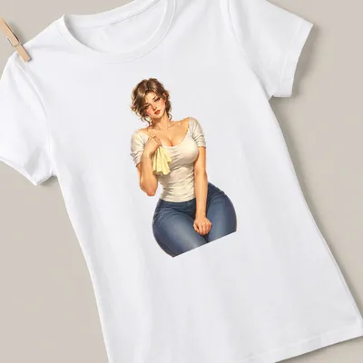 Vintage retro pin-up mechanic in blue jeans, showcasing nostalgic craftsmanship — printed on a women's shirt