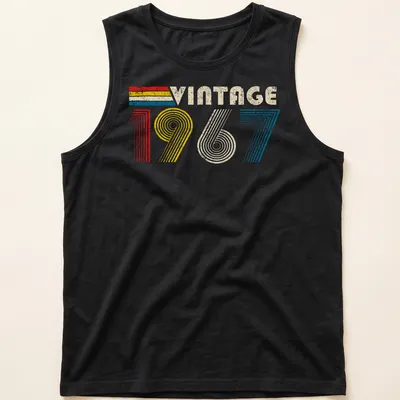 Distressed t-shirt with 'Vintage 1967' text in red, yellow, blue, and cream — printed on a tank top