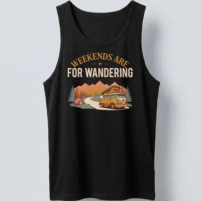 Retro graphic of a vintage camper van with text about weekends for wandering — printed on a tank top
