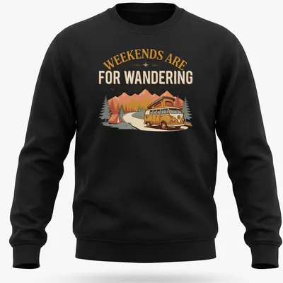 Retro graphic of a vintage camper van with text about weekends for wandering — printed on a unisex sweatshirt