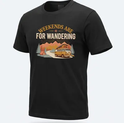 Retro graphic of a vintage camper van with text about weekends for wandering