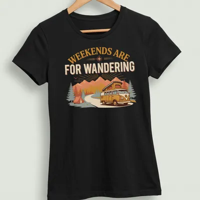 Retro graphic of a vintage camper van with text about weekends for wandering — printed on a women's shirt