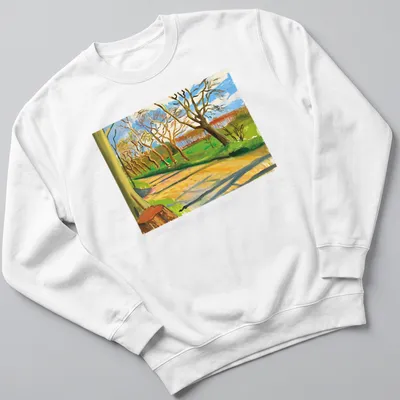 David Hockney's impressionist walnut trees artwork in vivid colors — printed on a unisex sweatshirt