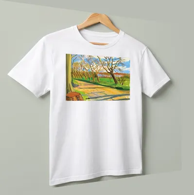 David Hockney's impressionist walnut trees artwork in vivid colors — printed on a unisex t-shirt (angled view)