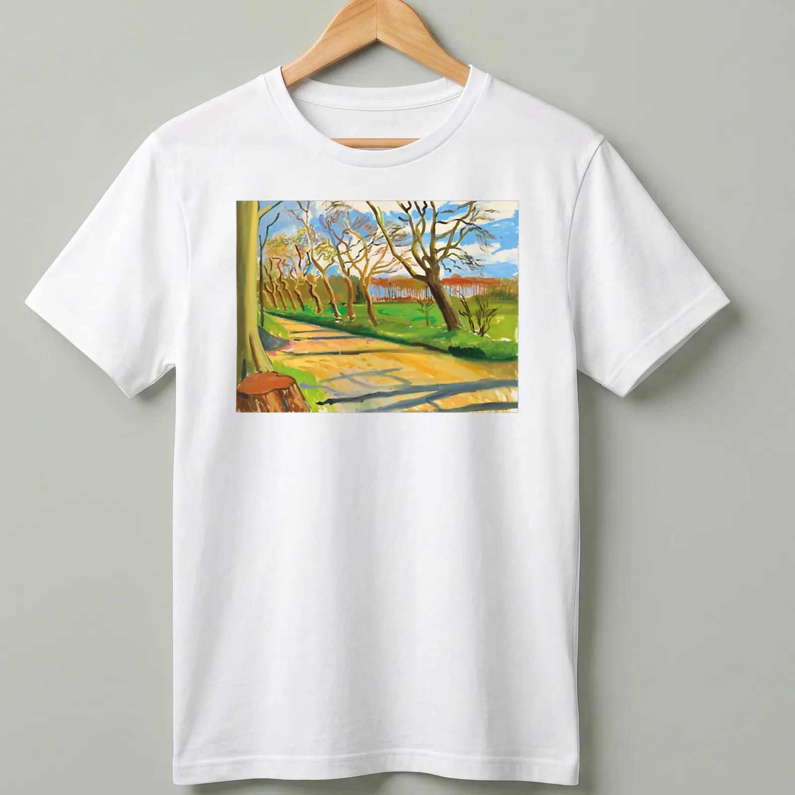 David Hockney's impressionist walnut trees artwork in vivid colors — printed on a unisex t-shirt